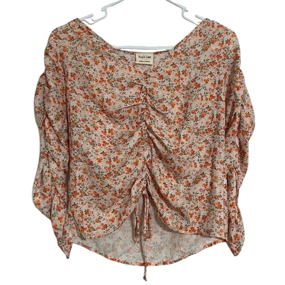 Peach Love California Women’s Rouched Pink Floral Blouse Size Small NWOT